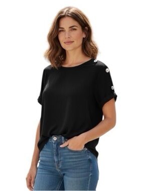 Peck & Peck Woman’s Black Blouse with Silver Button Detail on Shoulder Medium